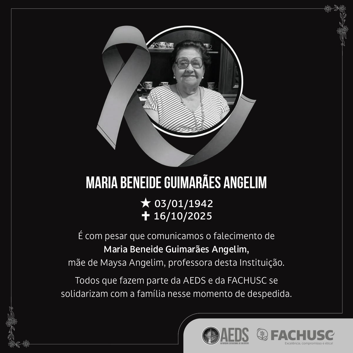 Nota de pesar pelo falecimento de Beneide Angelim