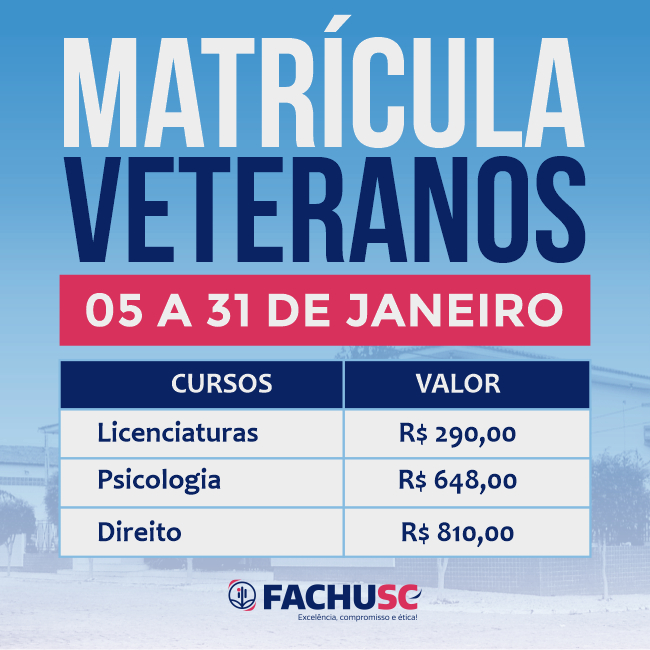 Comando para notícia - Valores e período das Matrículas dos Veteranos 2026