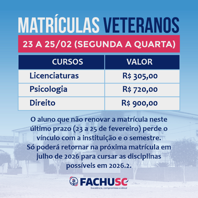 Comando para notícia - Valores e período das Matrículas dos Veteranos - Último prazo
