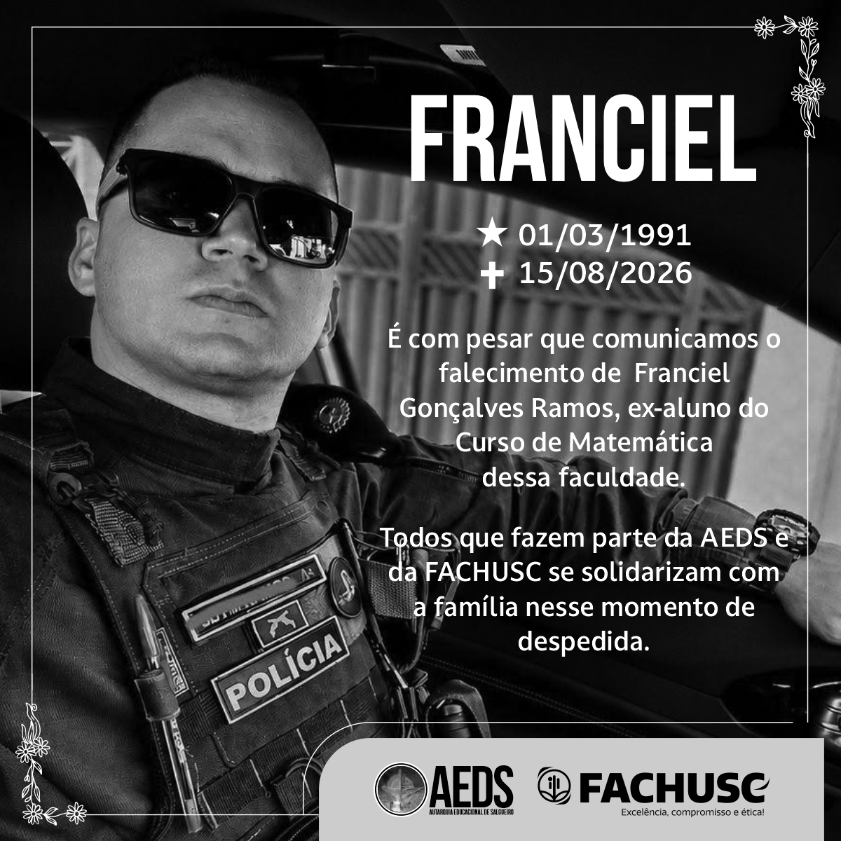 Nota de Pesar pelo falecimento de Franciel Gonçalves Ramos