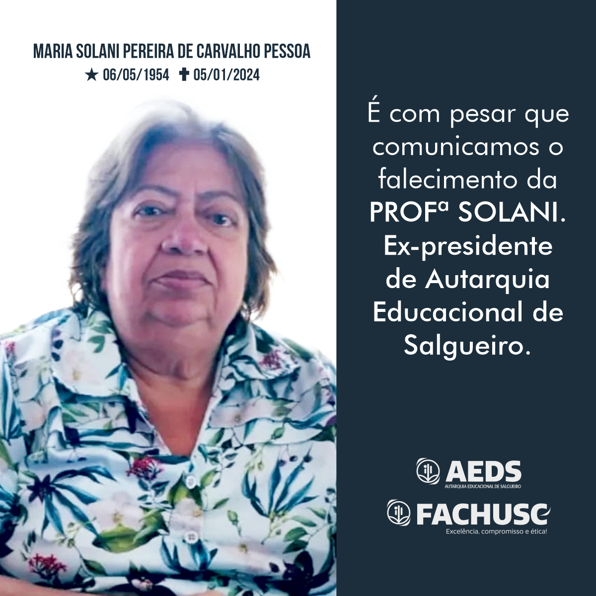 Nota de Pesar pelo falecimento da Professora Maria Solani.